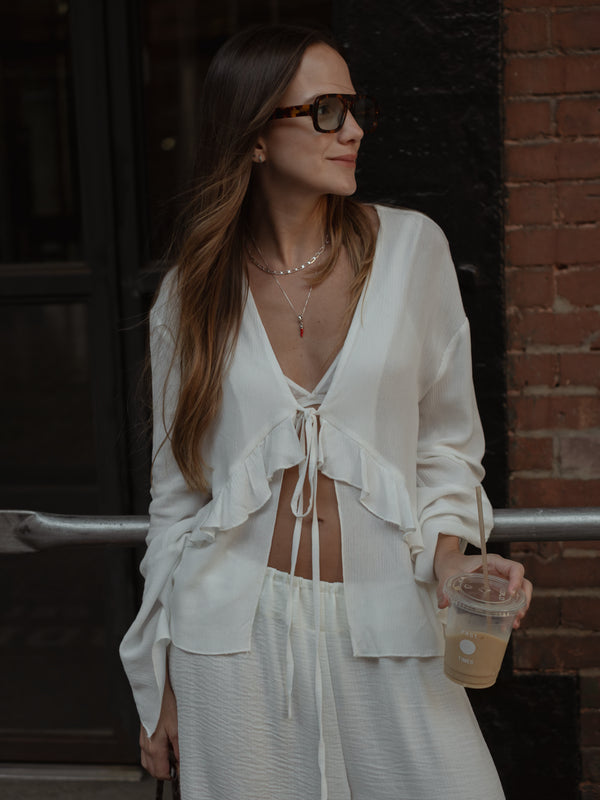 RUFFLE TIE CARDIGAN - SOFT WHITE