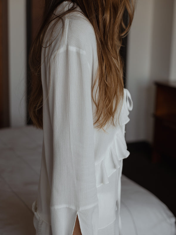 RUFFLE TIE CARDIGAN - SOFT WHITE