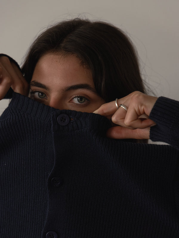 HEAVY RIB KNIT CARDIGAN - STEEL BLUE