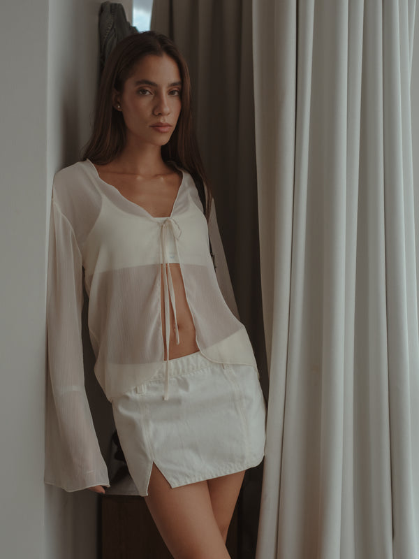 SHEER TIE CARDIGAN - SOFT WHITE