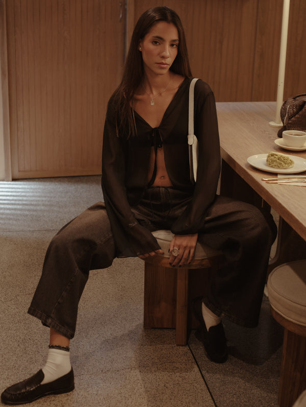 SHEER TIE CARDIGAN - BLACK