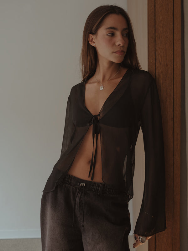 SHEER TIE CARDIGAN - BLACK