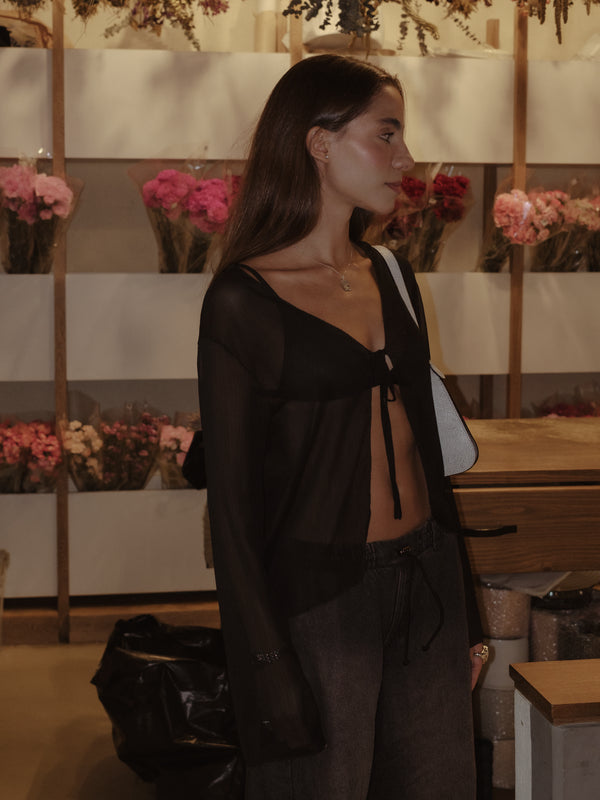 SHEER TIE CARDIGAN - BLACK