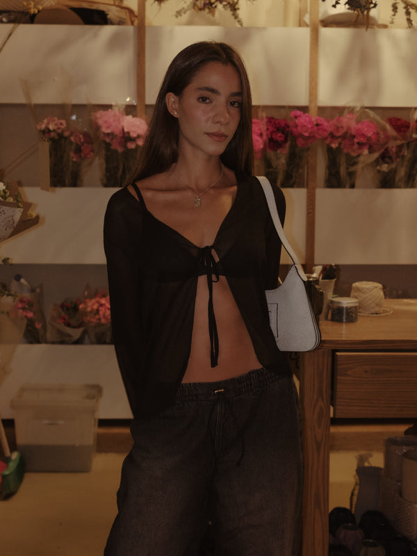 SHEER TIE CARDIGAN - BLACK