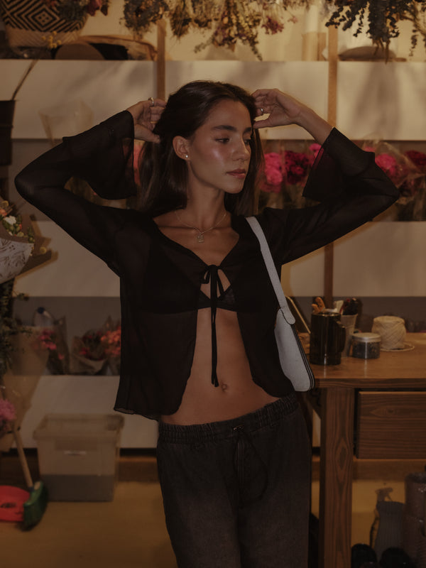 SHEER TIE CARDIGAN - BLACK