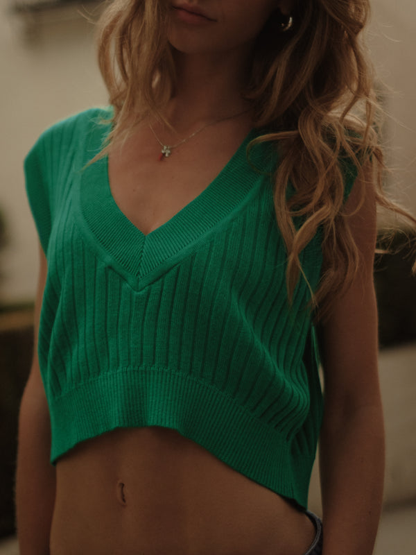 CROP KNIT VEST - BRIGHT GREEN