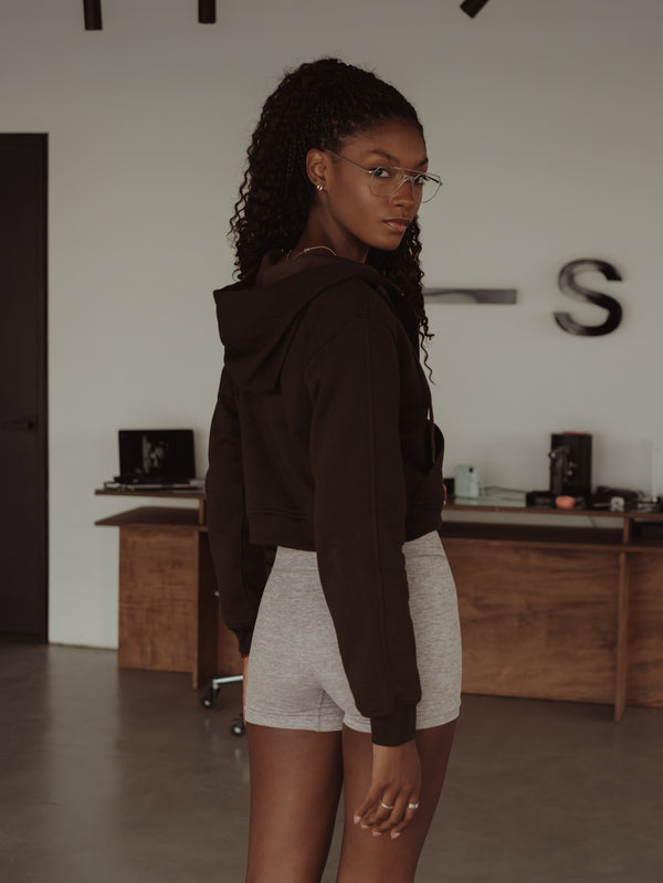 CROPPED ZIP HOODIE - DARK CHOCOLATE