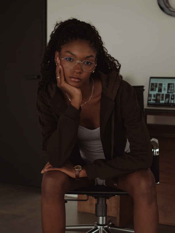 CROPPED ZIP HOODIE - DARK CHOCOLATE