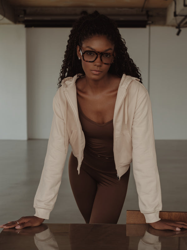 CROPPED ZIP HOODIE - NATURAL