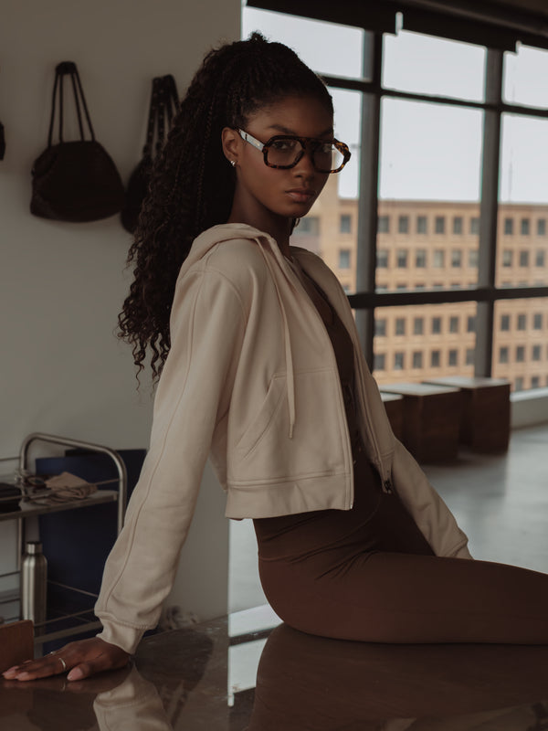 CROPPED ZIP HOODIE - NATURAL