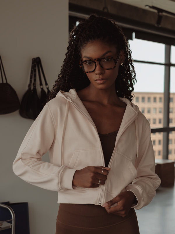 CROPPED ZIP HOODIE - NATURAL