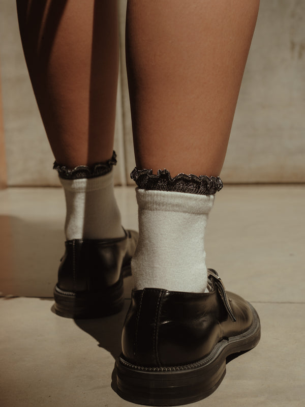 Vista posterior modelo con zapatos negros y medias blancas con negro.