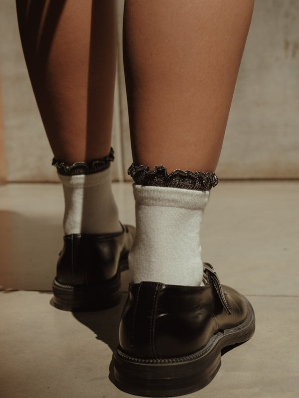 Vista posterior modelo con zapatos negros y medias blancas con negro.