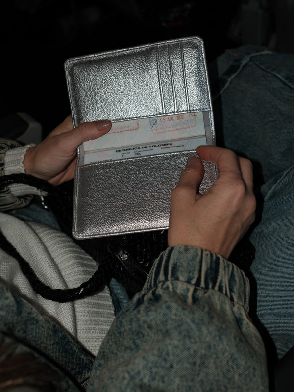 Vista interior de porta pasaporte plata con compartimentos.