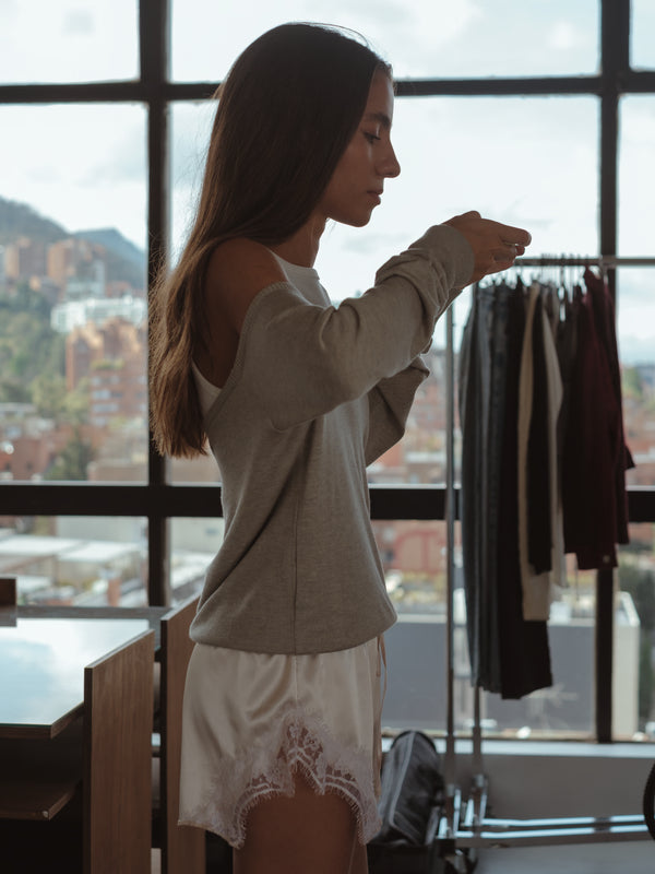 LOOSE NECK KNIT SWEATER - ASH JASPE