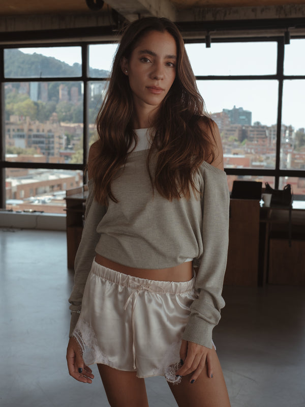 LOOSE NECK KNIT SWEATER - ASH JASPE