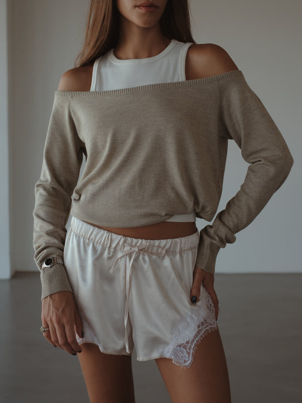 LOOSE NECK KNIT SWEATER - ASH JASPE