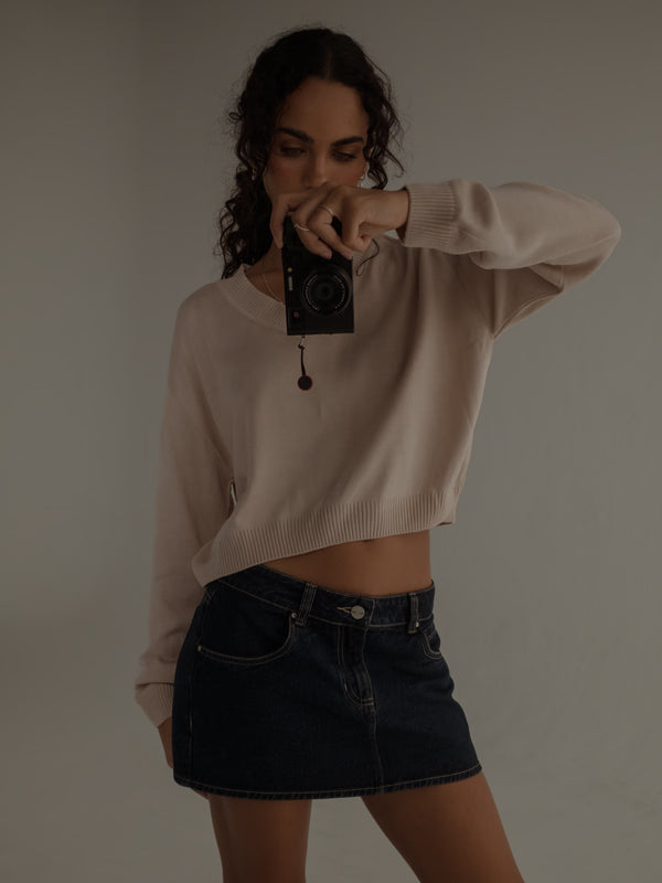 ONE HALF V-NECK KNIT SWEATER - NATURAL COTTON