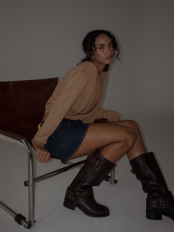 ONE HALF V-NECK KNIT SWEATER - SEPIA
