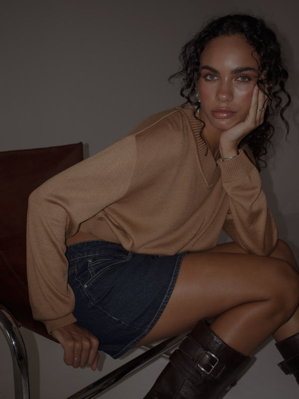 ONE HALF V-NECK KNIT SWEATER - SEPIA
