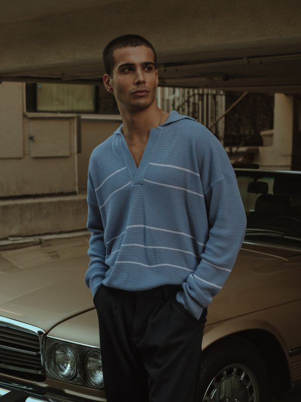 BIG RUGBY KNIT SWEATER - BLUE & CREAMY