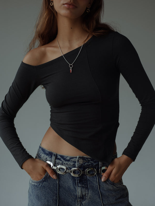 OPEN NECK LONG SLEEVE - BLACK