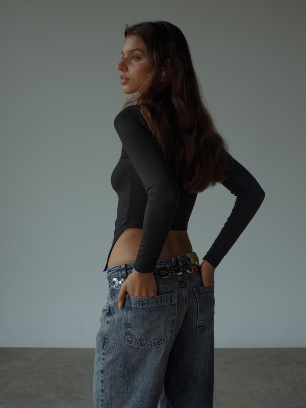 OPEN NECK LONG SLEEVE - BLACK