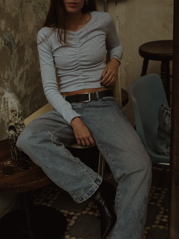 LONG SLEEVE DRAPED TOP - GRAY JASPE