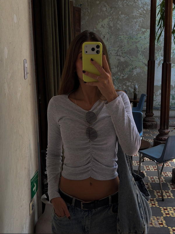 LONG SLEEVE DRAPED TOP - GRAY JASPE