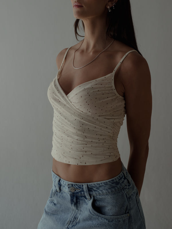 DRAPED MESH TOP - NATURAL DOTS