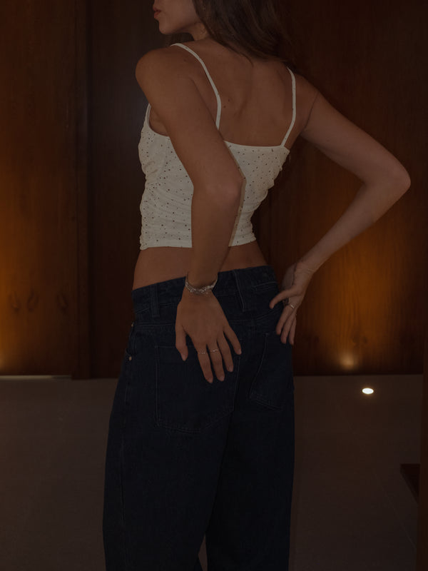 DRAPED MESH TOP - NATURAL DOTS