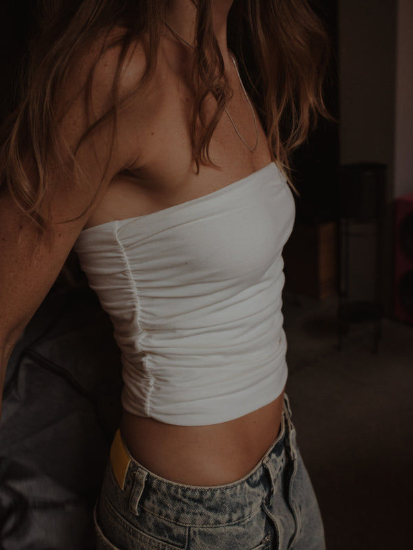 DRAPED STRAPLESS TOP - SOFT WHITE