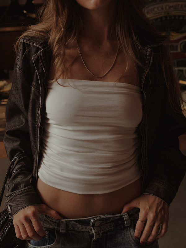 DRAPED STRAPLESS TOP - SOFT WHITE