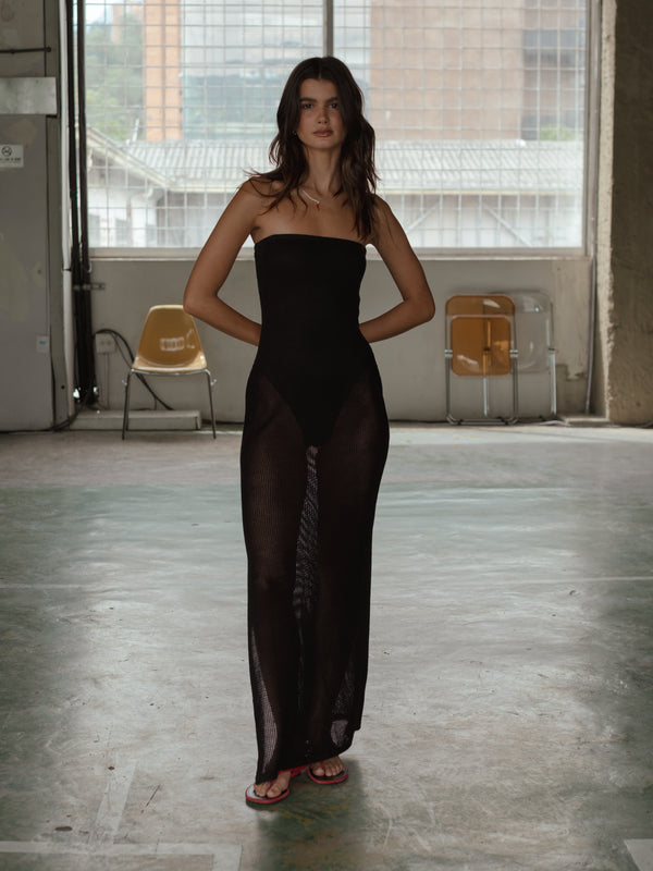 STRAPLESS BODYSUIT KNIT DRESS - BLACK