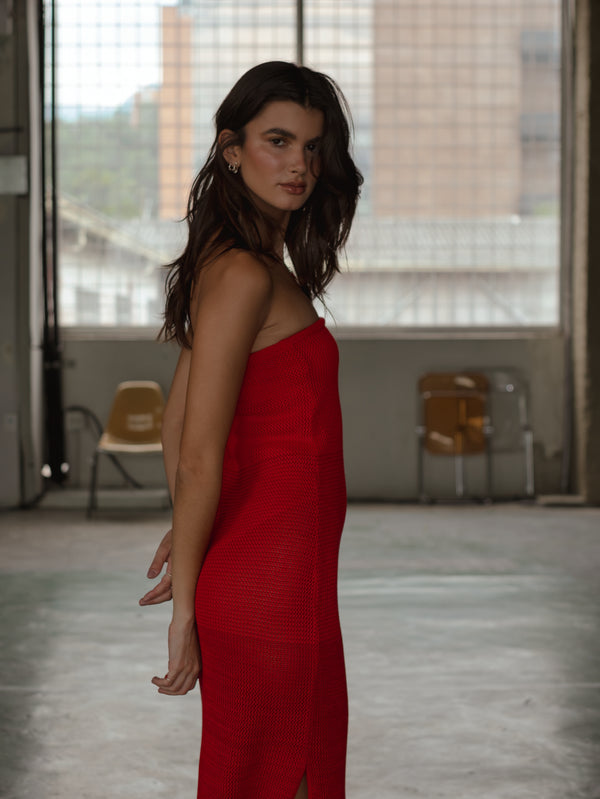 STRAPLESS BODYSUIT KNIT DRESS - ROBUST RED