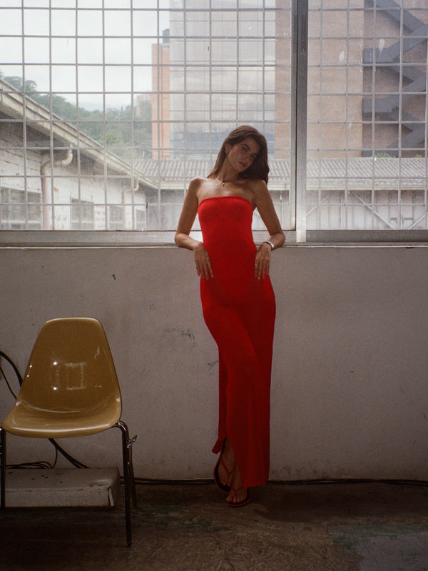 STRAPLESS BODYSUIT KNIT DRESS - ROBUST RED